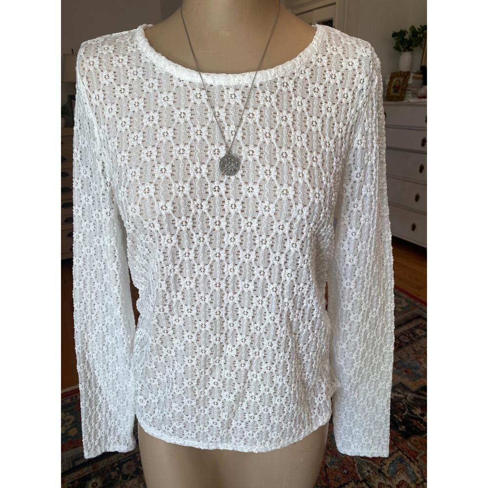 Rose + Olive‎ White Floral Lace Knit Long Sleeve Top Crew Neck Semi-Sheer NWT